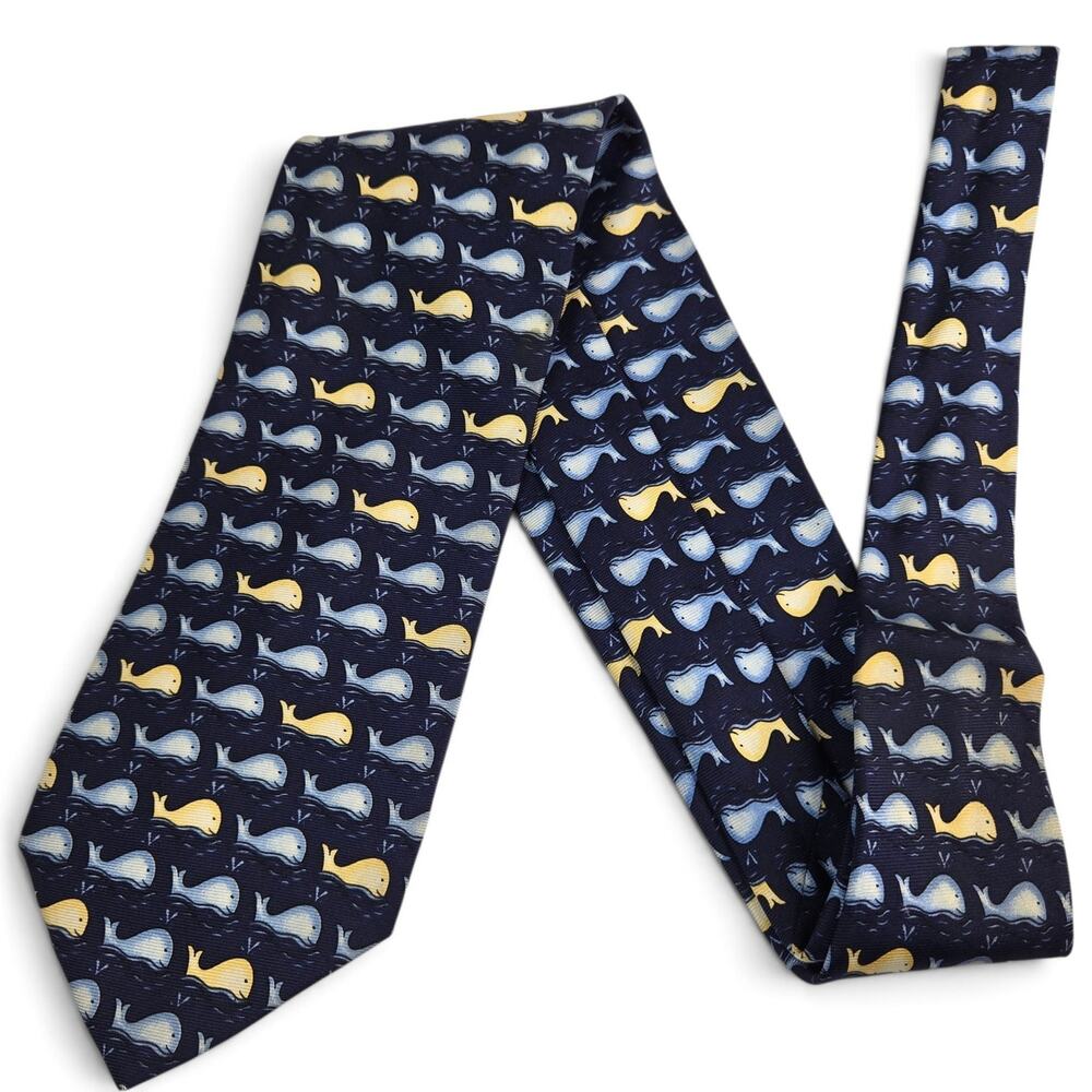 Beaufort Tie Rack Whales Printed Novelty Blue Gold 100% Silk Made in Italy Flaw